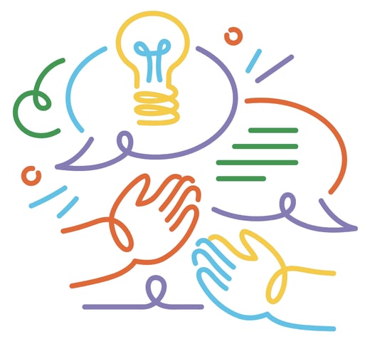 Graphic with quote bubbles, hands, and a lightbulb