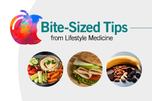 Graphic with Bite-Sized Tips logo and images of food